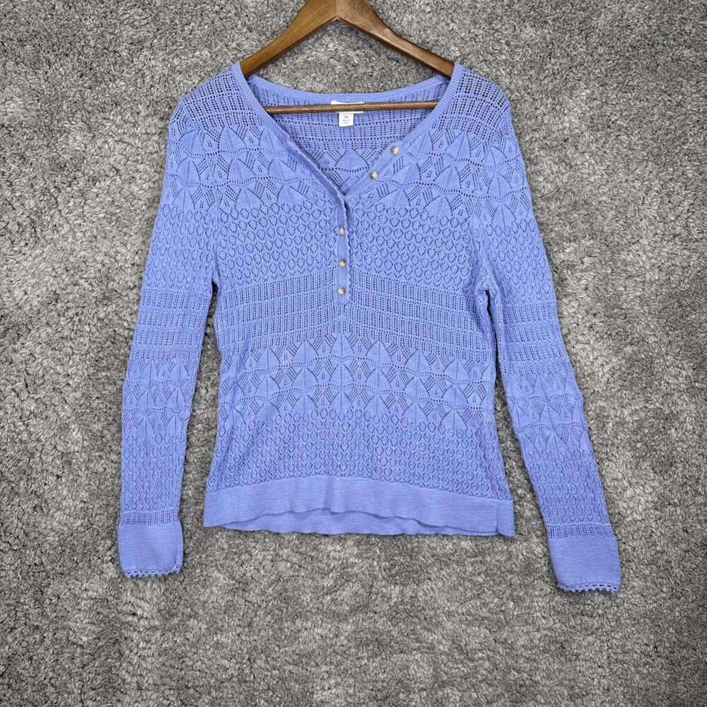 Sundance Crochet Periwinkle Knit Henley Long Sleeve Sweater Top Med Petite Boho